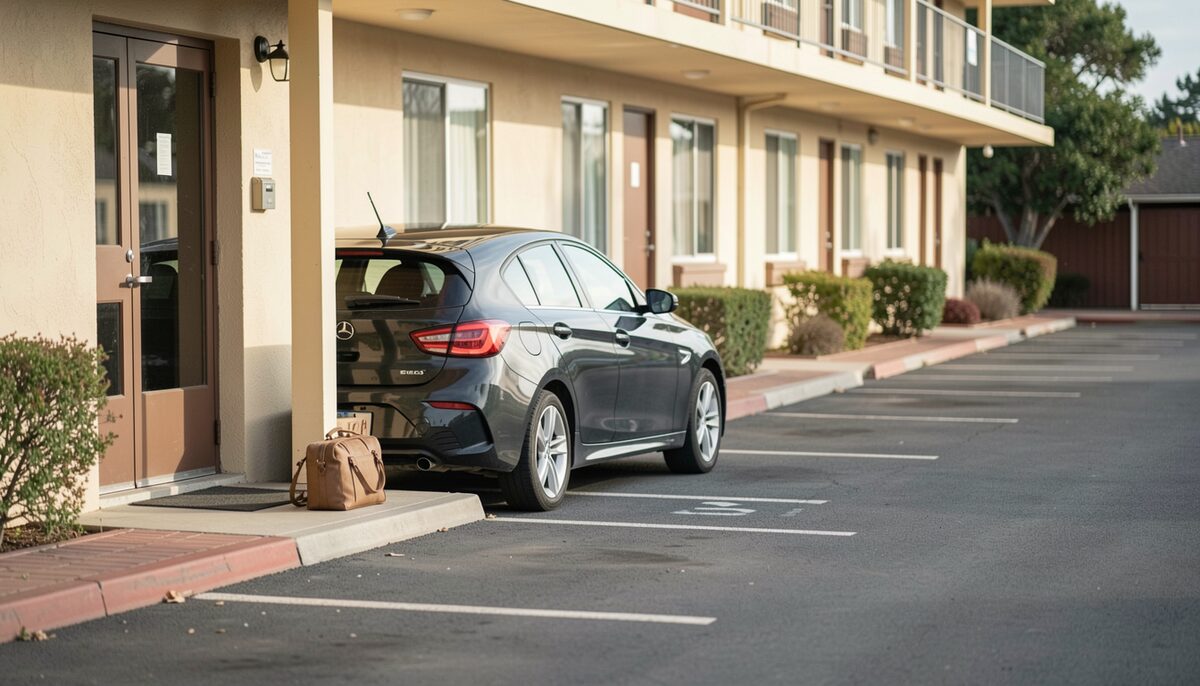 A car parked at a motel door with a small bag on the kerb, photographed from across the parking area with no text.