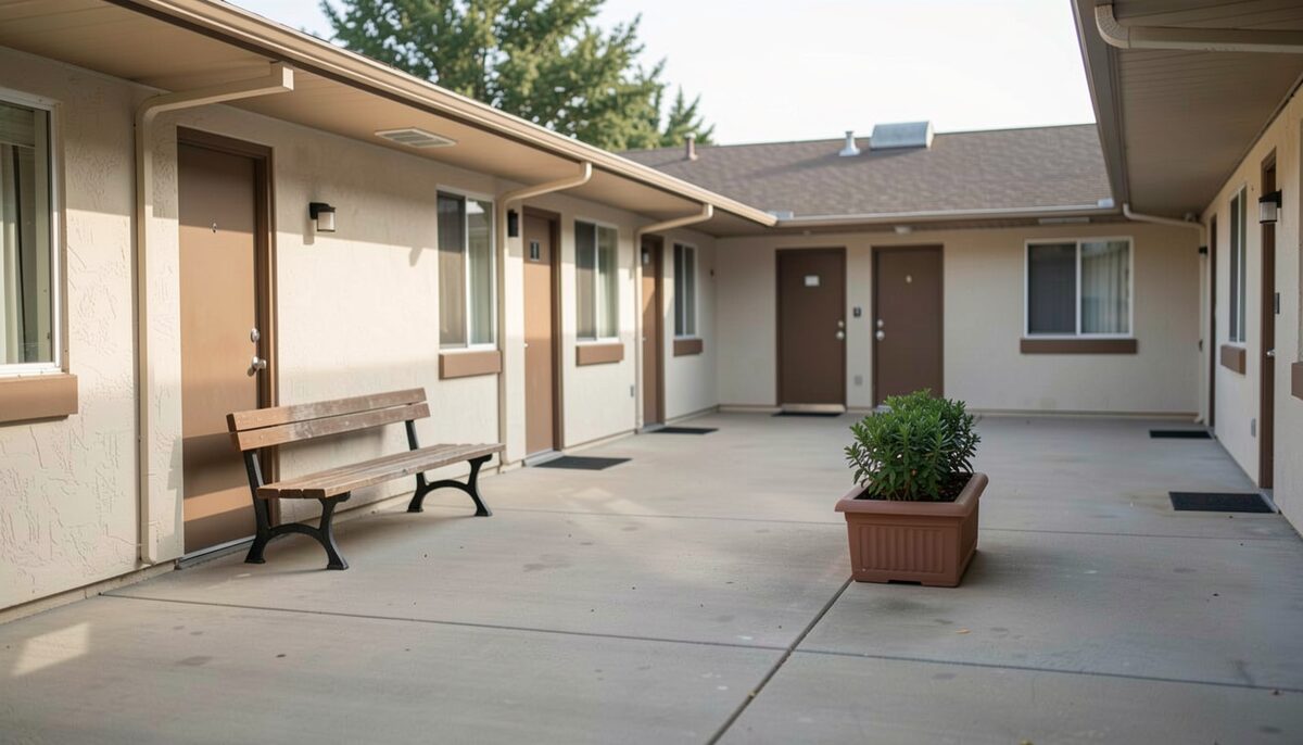 An empty motel courtyard with a bench, a small planter and doors along one side, photographed in flat mid morning light.