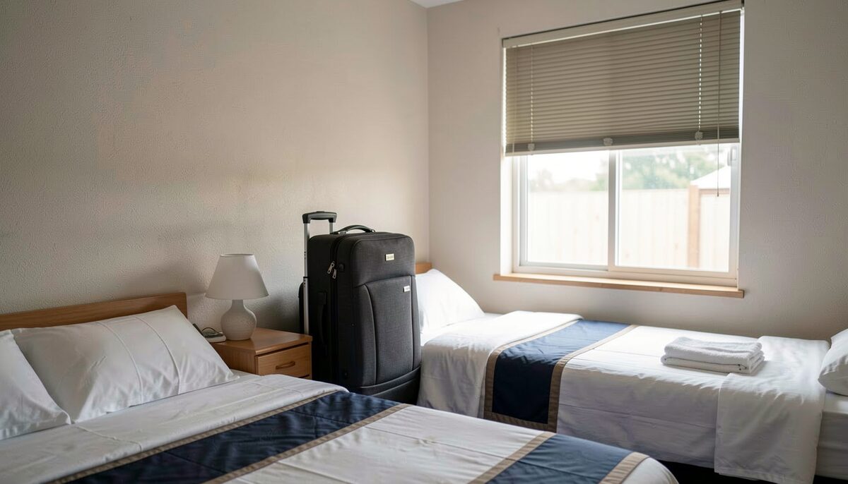 A motel room with two beds, a suitcase stand and a window with a closed blind, photographed from the corner with no text.