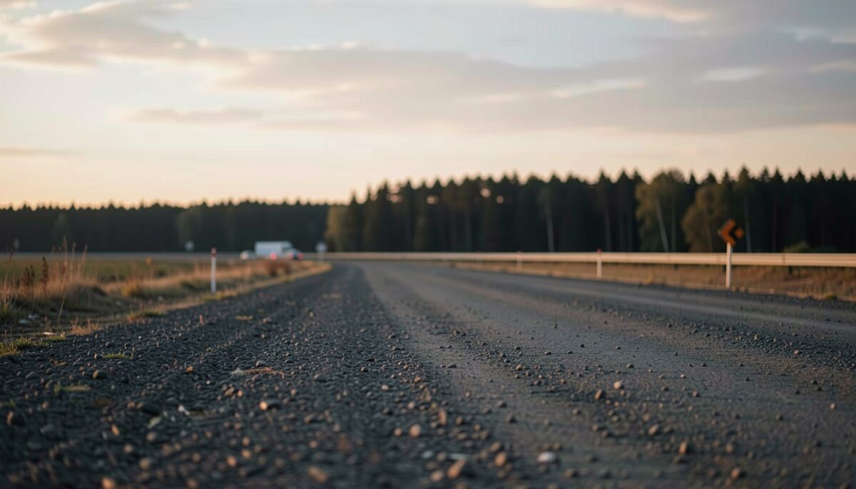 A highway pullout at dawn with a distant tree line and an empty gravel shoulder, no signs or vehicles in frame.