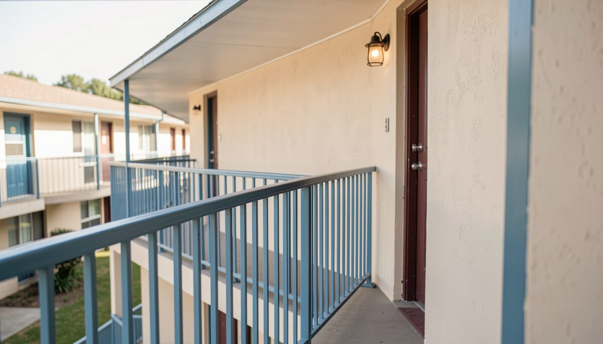 Close view of a motel walkway with a painted metal railing, a doorway and a wall mounted exterior light fixture, no lettering visible.