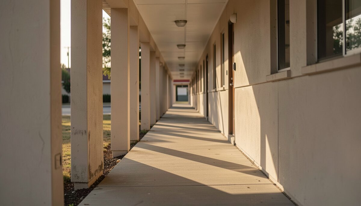 A quiet motel exterior corridor in late afternoon with long shadows across the walkway and no lettering on the wall.