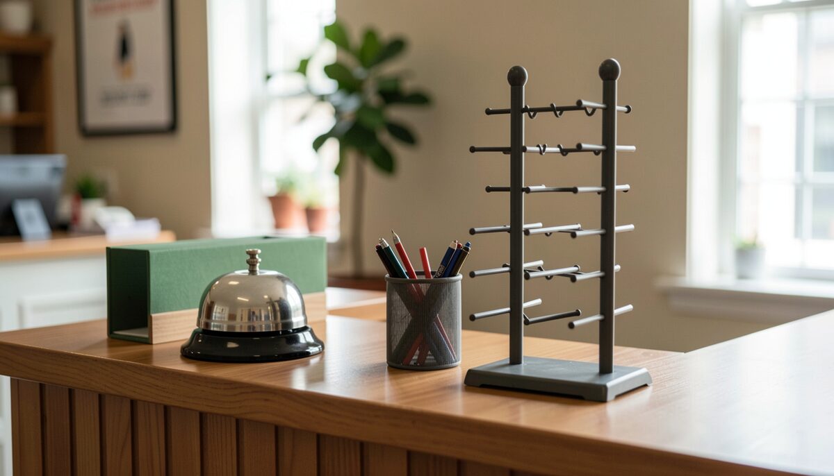 A reception counter seen from the guest side with a bell, a pen pot and a blank key rack, no readable signage.