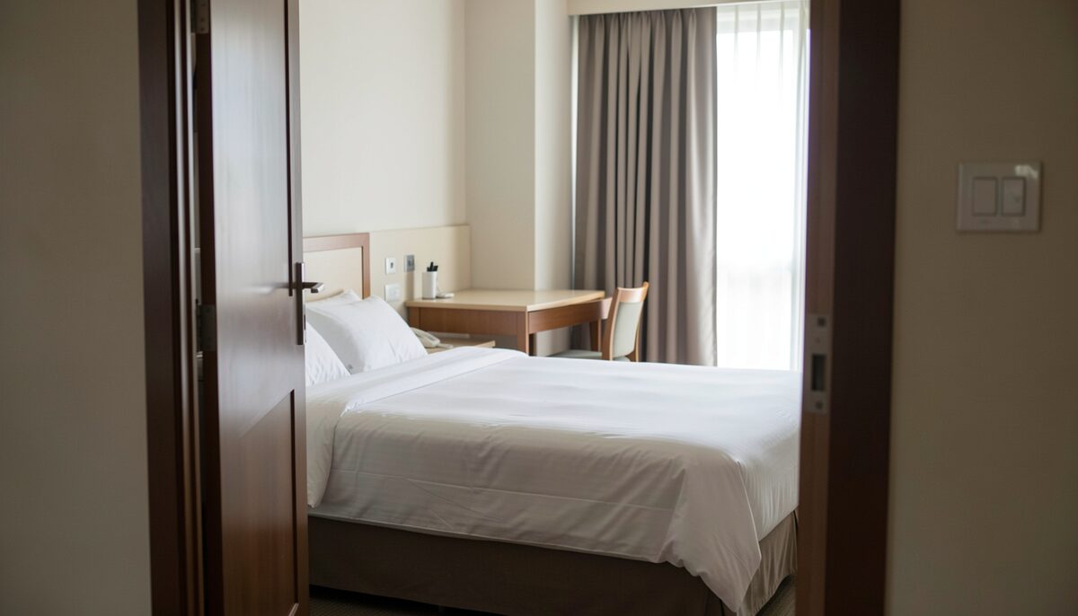 A plain hotel room interior with a made bed, a small desk and a closed curtain, photographed from the doorway with no text visible.
