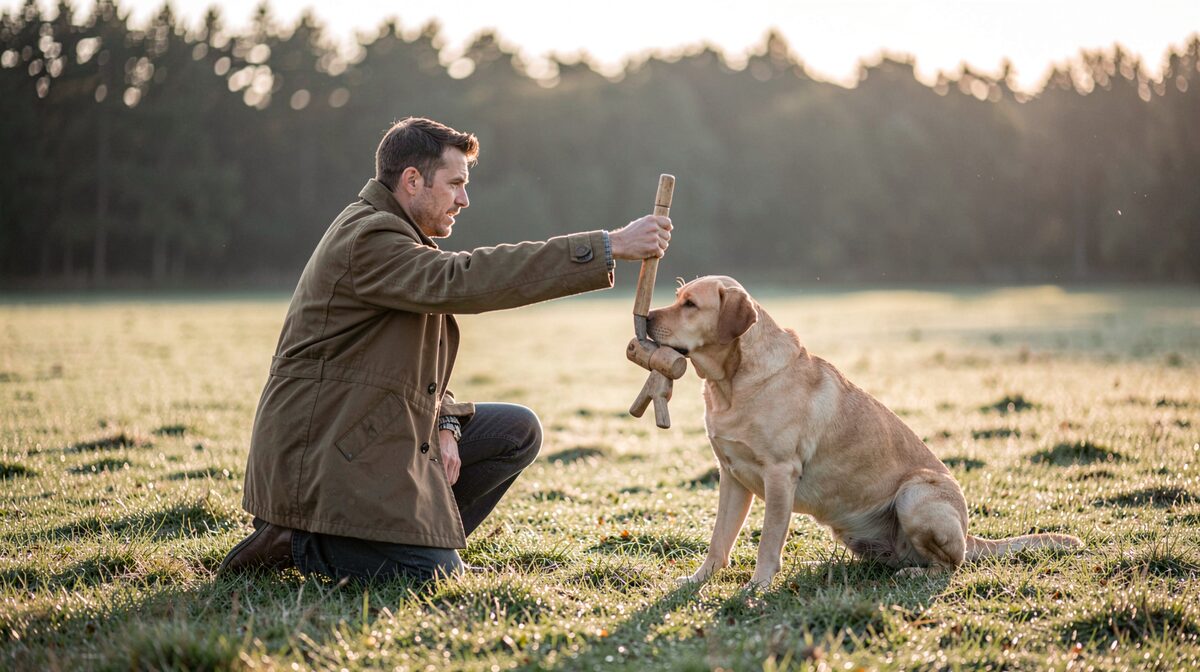 A handler in a waxed coat kneels on dewy grass at sunrise beside a labrador holding a wooden dummy, arm extended in a casting signal, wide landscape framing with treeline behind.
