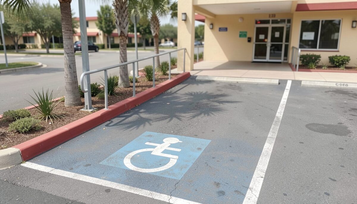 An accessible parking space beside a motel entrance ramp, photographed in flat daylight with no vehicles or text.