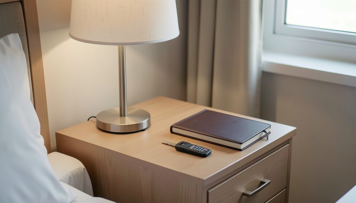 A motel nightstand with a lamp, a closed notebook and a room key on a plain surface, no text visible.