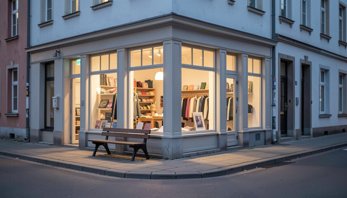 A small town street corner at blue hour with a lit shop window, a kerb and an empty bench, no readable text.
