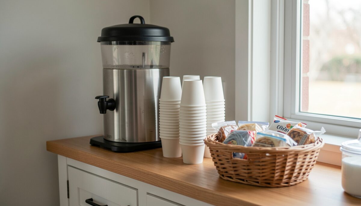 A simple breakfast counter with a coffee urn, stacked cups and a basket of wrapped items, no readable labels.