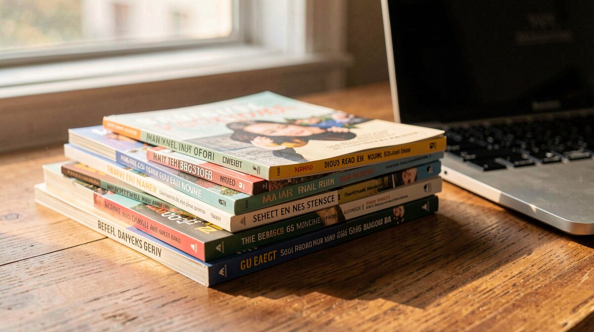 A stack of small independent magazines on a wooden table beside a laptop, warm morning light from a window, close framing on the spines.