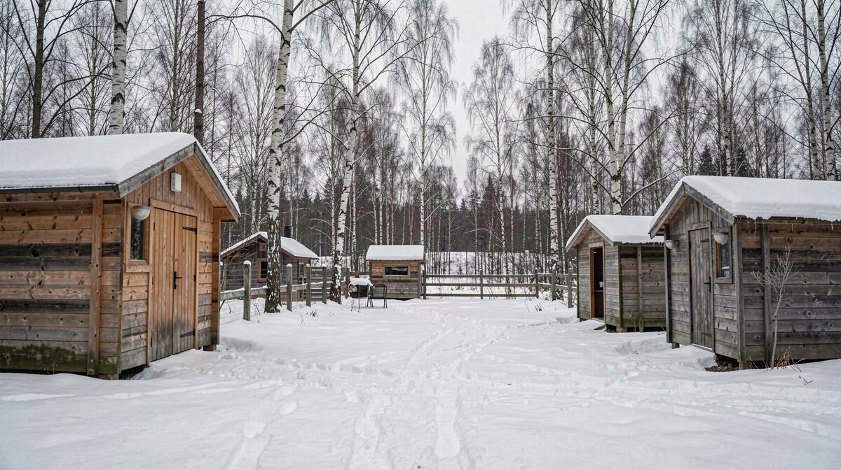 A modest Swedish countryside kennel yard in winter, low wooden doghouses and bare birch trees under flat gray light, shot straight-on at eye level with fresh snow on the ground.