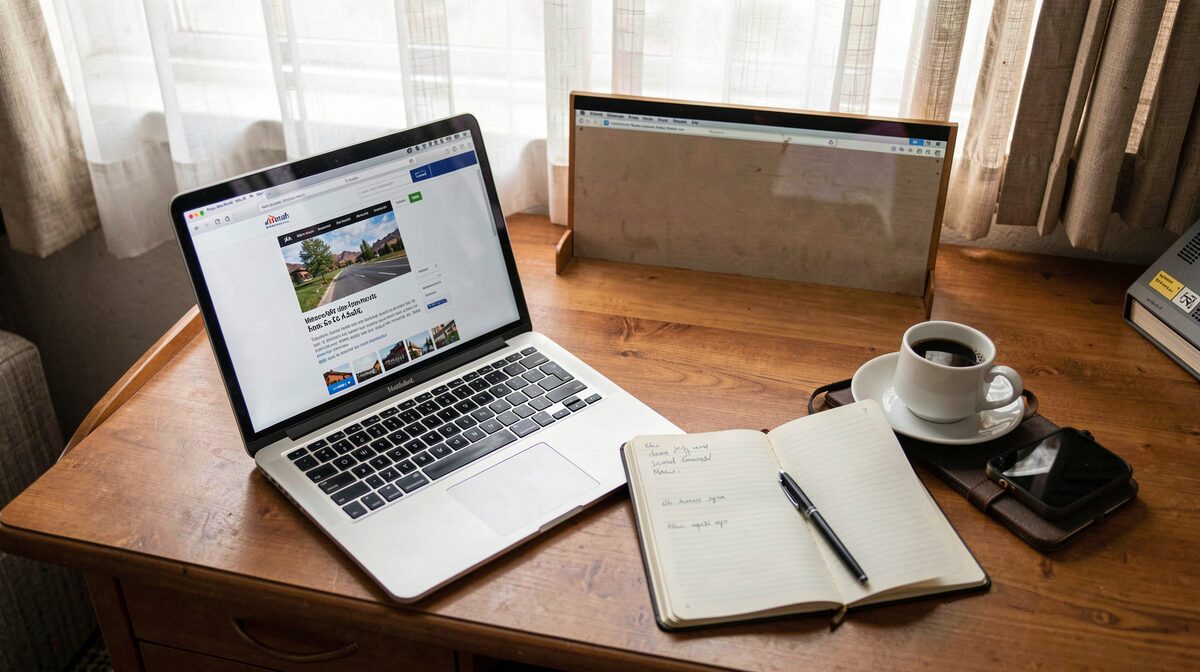 A desk with a laptop showing an archived web page beside a notebook and coffee, morning light through a motel window in Flagstaff.