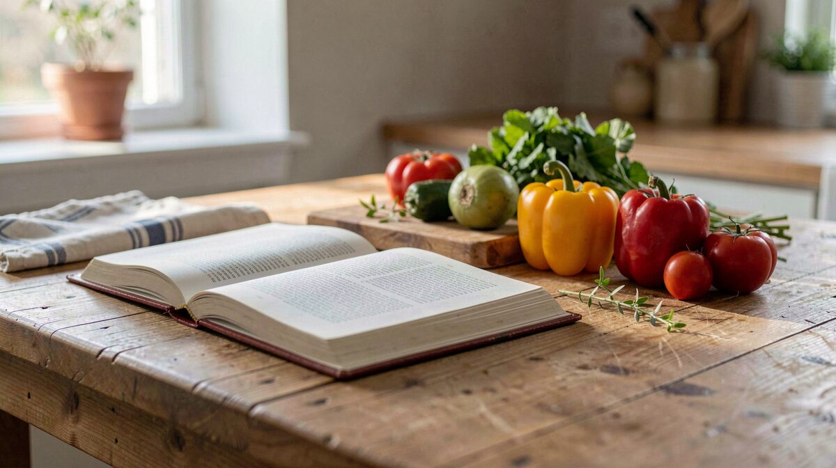 A kitchen table in morning light with an open cookbook, a cutting board, and seasonal vegetables, framed from a low side angle.