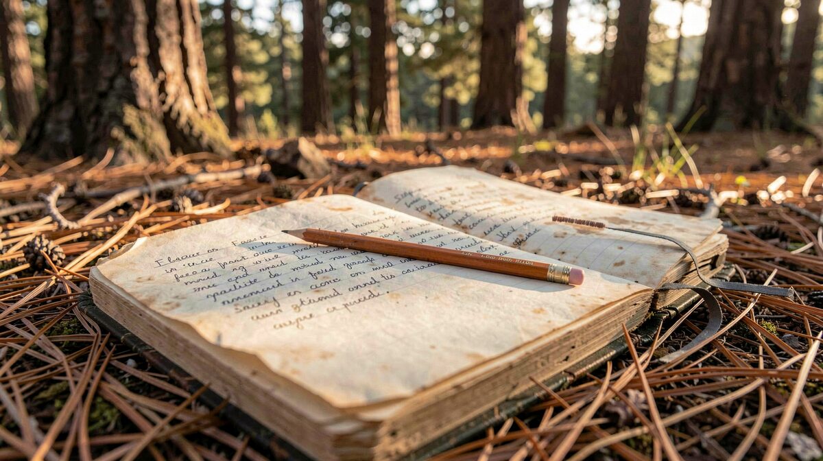 A weathered notebook lying open on a pine-needle forest floor near Flagstaff, a pencil resting across a half-written observation page, late afternoon light filtering through ponderosa trunks, close-up framing with shallow depth of field.