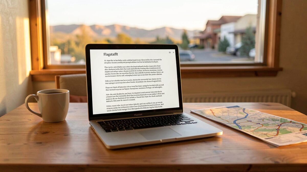 A laptop on a wooden motel desk in Flagstaff at golden hour, showing a plain text article page, coffee cup and highway map beside it