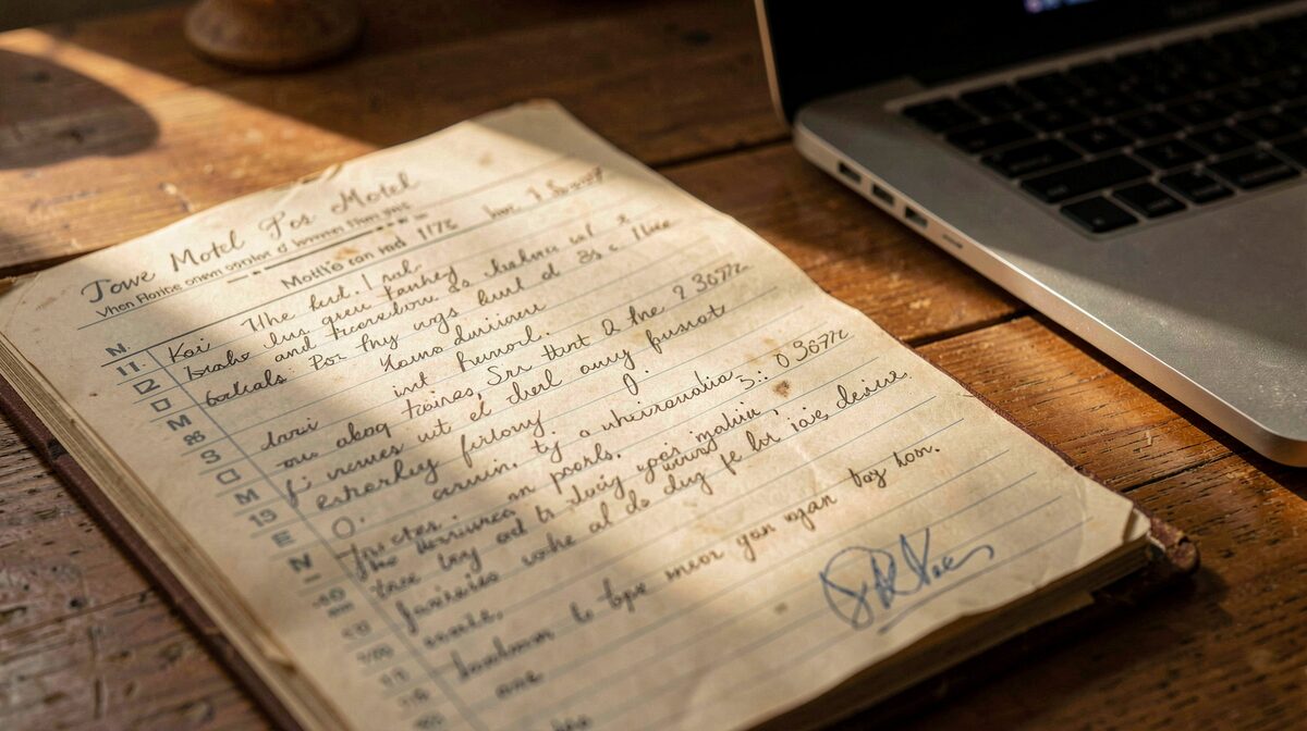 A close-up of a paper Route 66 motel ledger open on a wooden desk beside a laptop, late afternoon light raking across the pages, shallow depth of field.