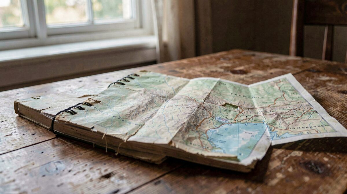A worn spiral notebook and folded topographic map on a wooden farmhouse table, morning light through a window, close-up framing.